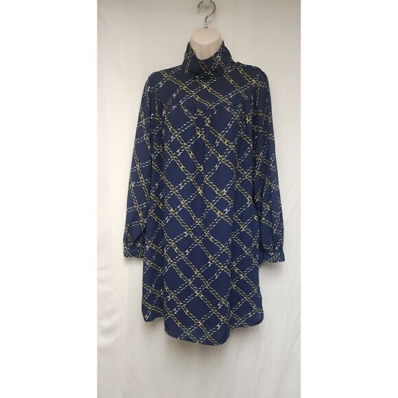 WHO WHAT WHERE Blue/Gold Chain Print Long Sleeve High Collar Dress Size XS - Picture 5 of 10